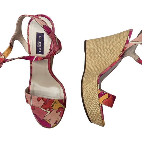 Emilio Pucci Shoes - Emilio Pucci Y2K Raffia Espadrille Wedge Sandals 38 Pink Abstract Italy Tie Heel